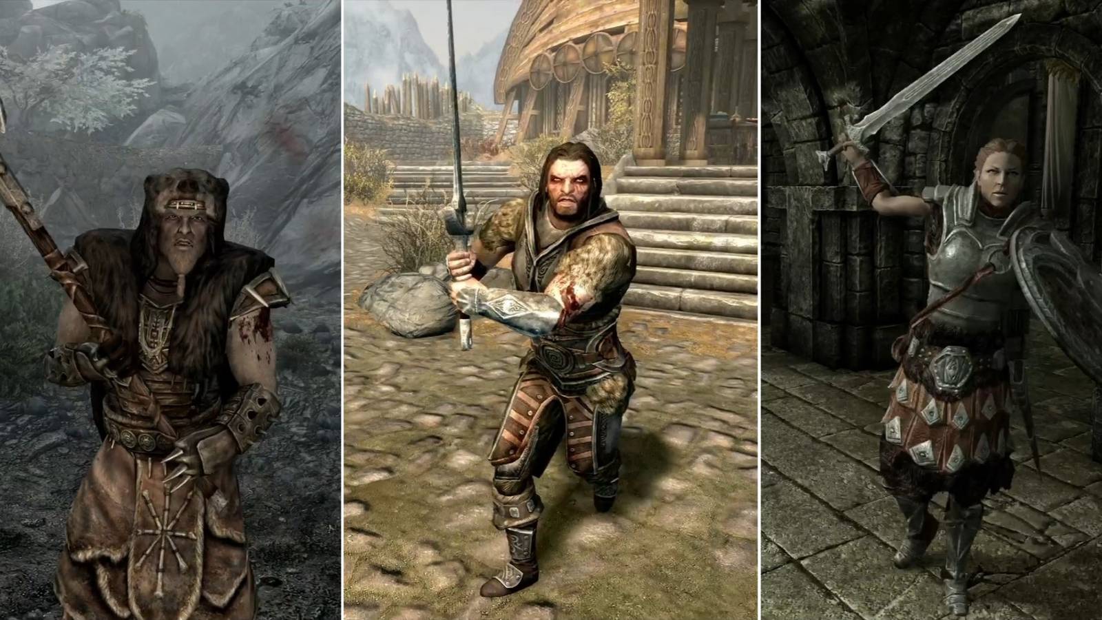 Skyrim characters Galmar Stone-Fist, Vilkas, and Legate Rikke