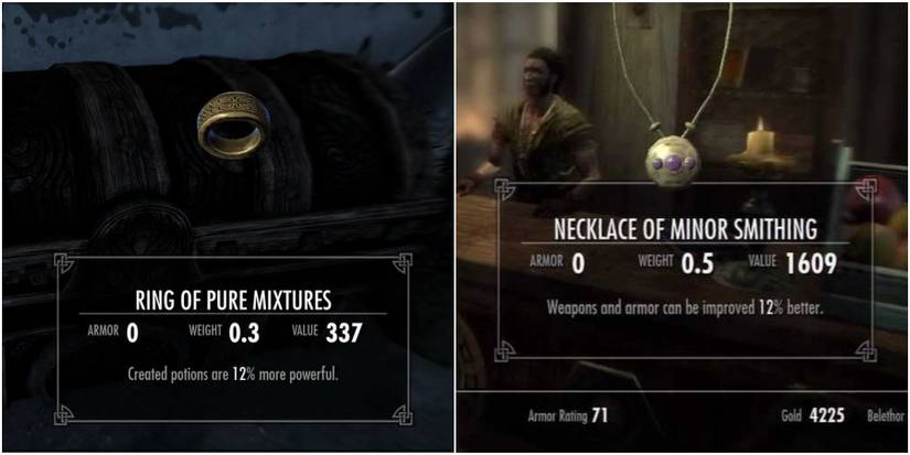 Skyrim's Ring Of Pure Mixtures and Necklace Of Minor Smithing that yield a fortify alchemy and fortify smithing enchantment