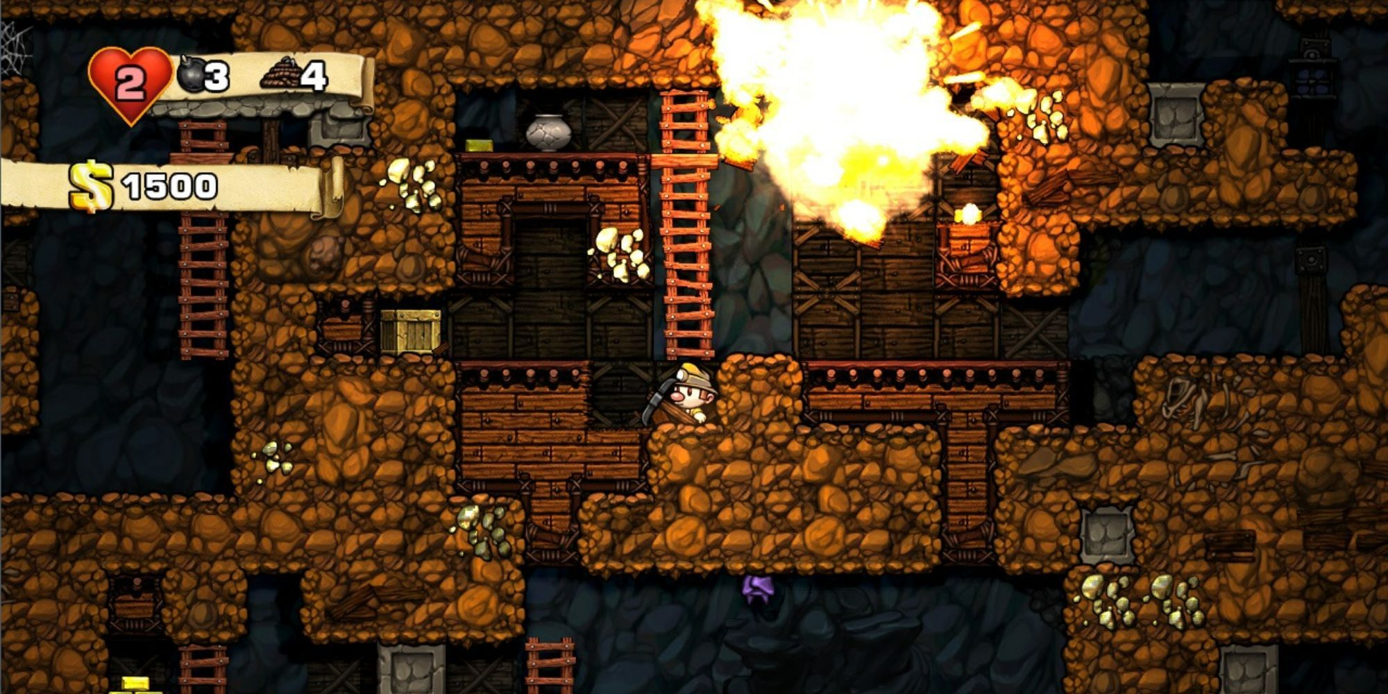 The character standing below an explosion in the cavern in Spelunky