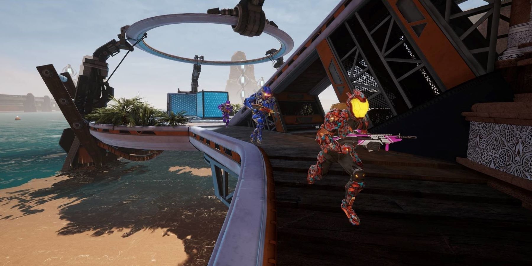 Three Splitgate players on the Oasis map