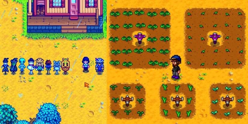 Stardew Valley Scarecrows And Sprinklers Area Of Effect Split Image