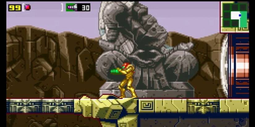 Super Metroid Chozo Statue, samus standing under a chozo statue