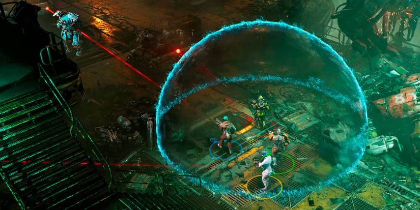 The Ascent Gameplay firing from forcefield in industrial wasteland