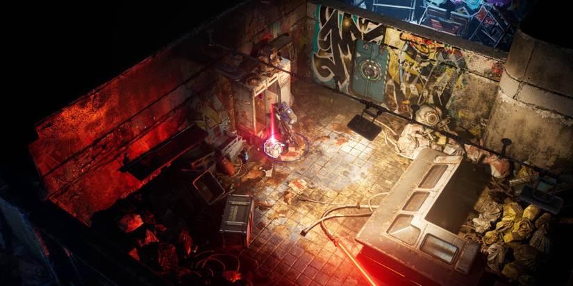 The Ascent, player in a grimy bathroom