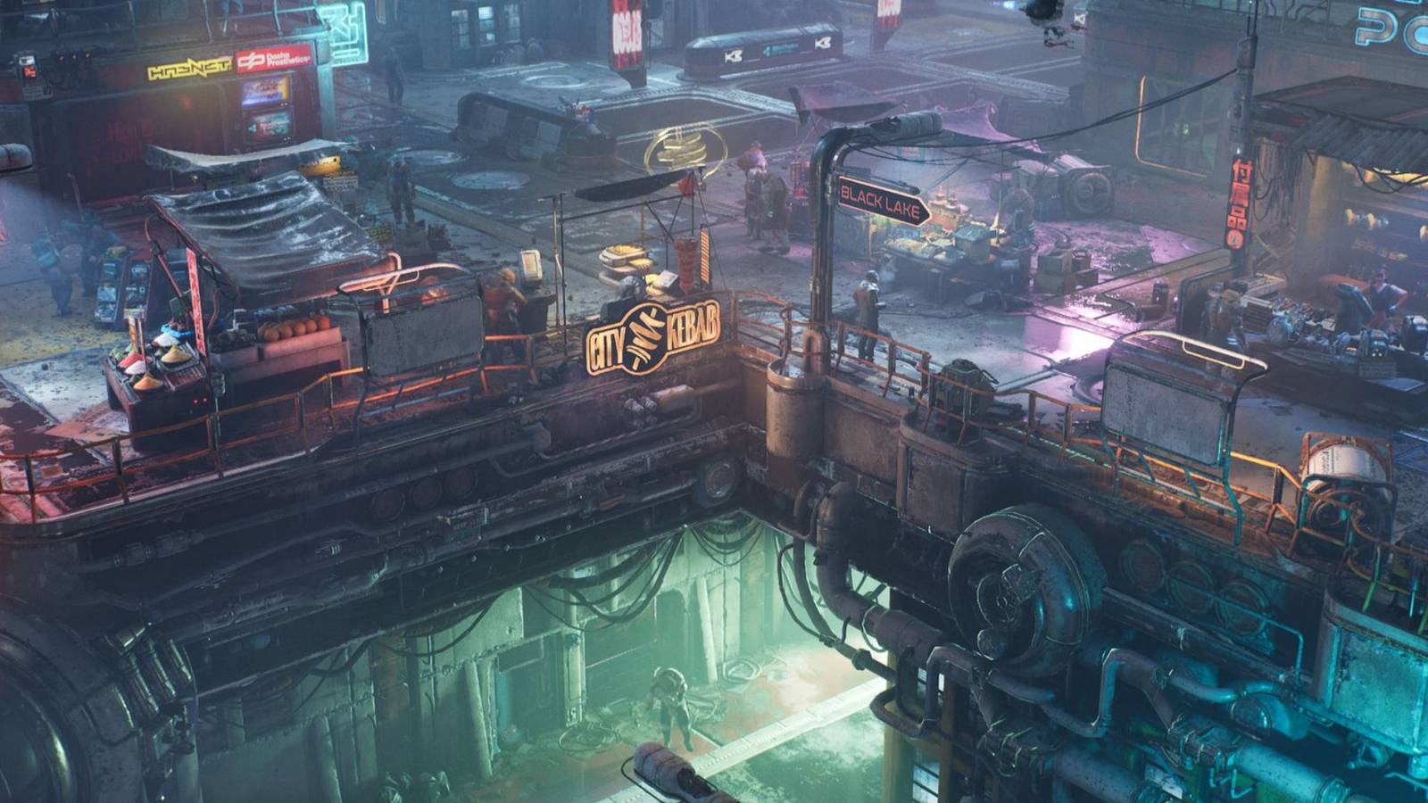 The Ascent, an overlook at a neon market