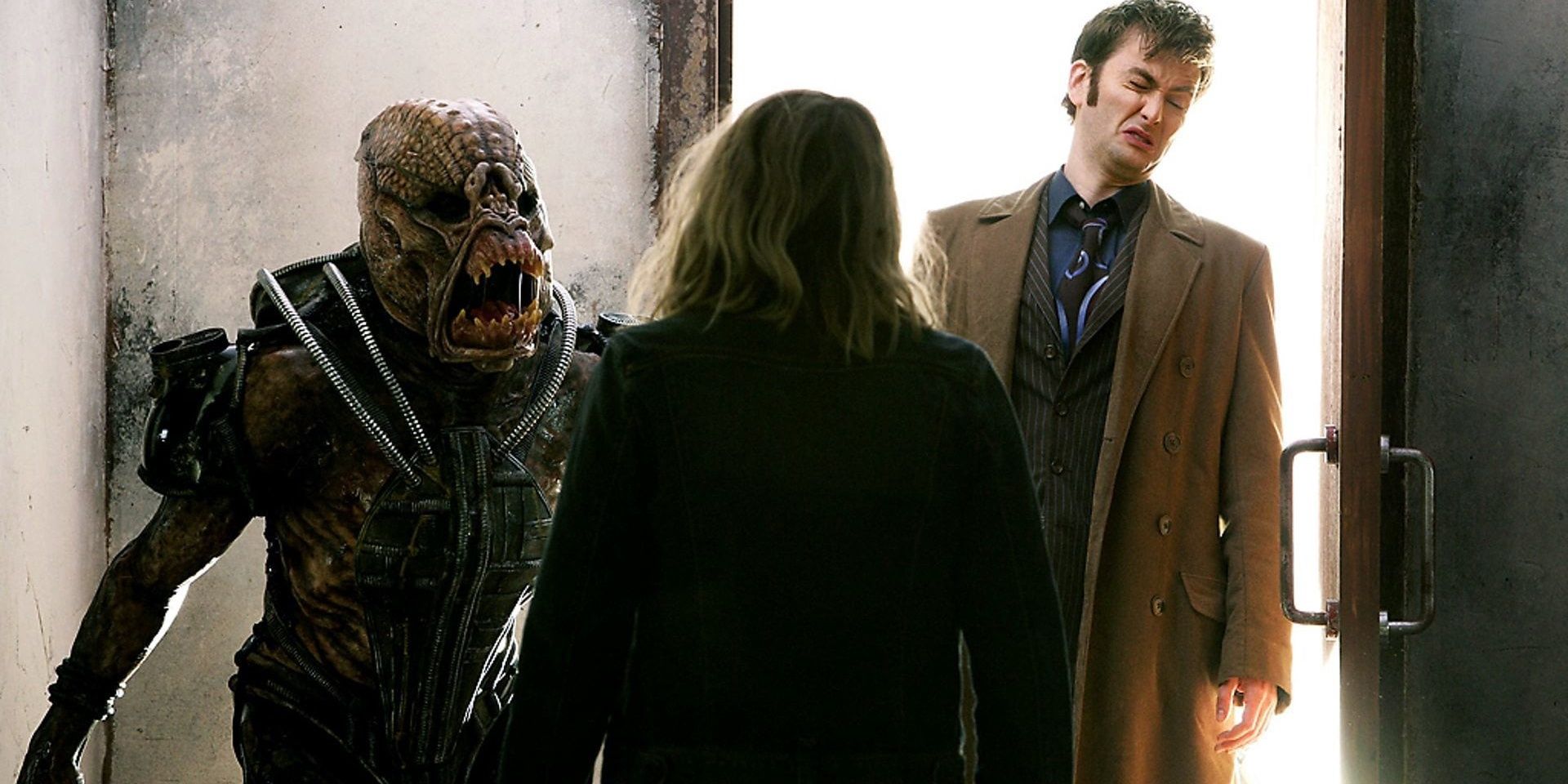 The Doctor and Rose faces an alien in Doctor Who