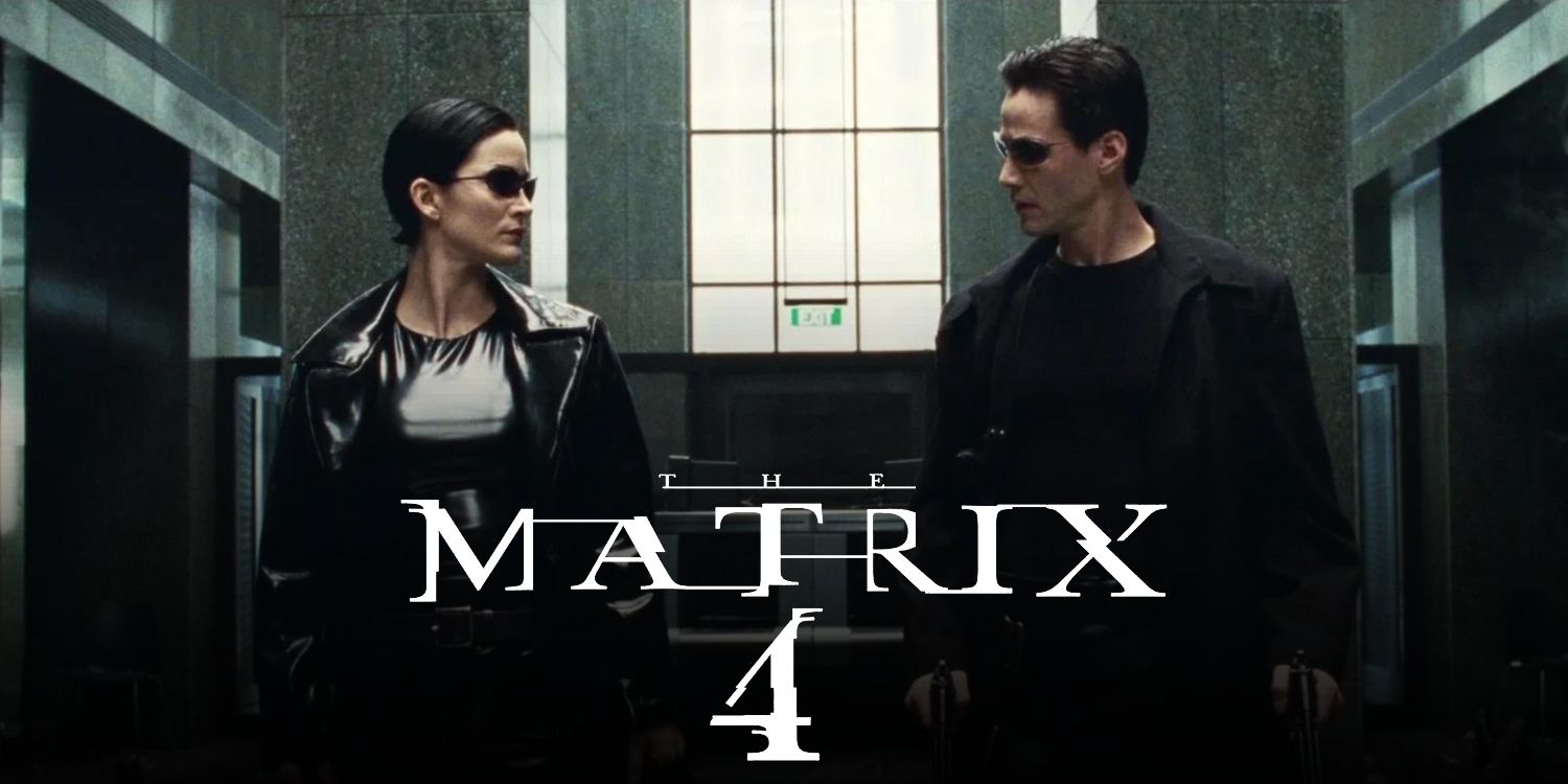 Neo and Trinity glance at each other during the lobby shootout in 'The Matrix'