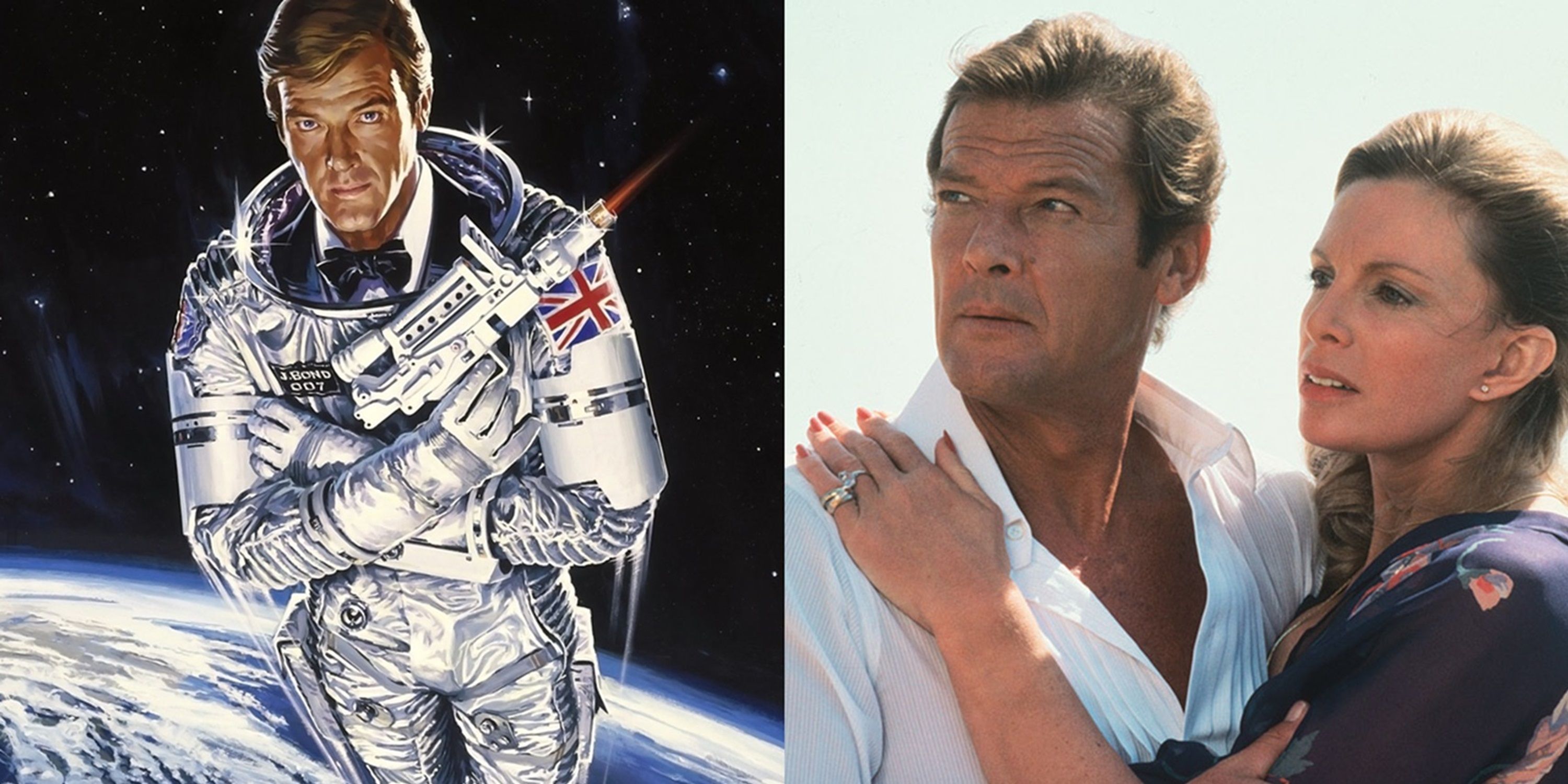 The poster for Moonraker and a screenshot of 007 and Melina in For Your Eyes Only