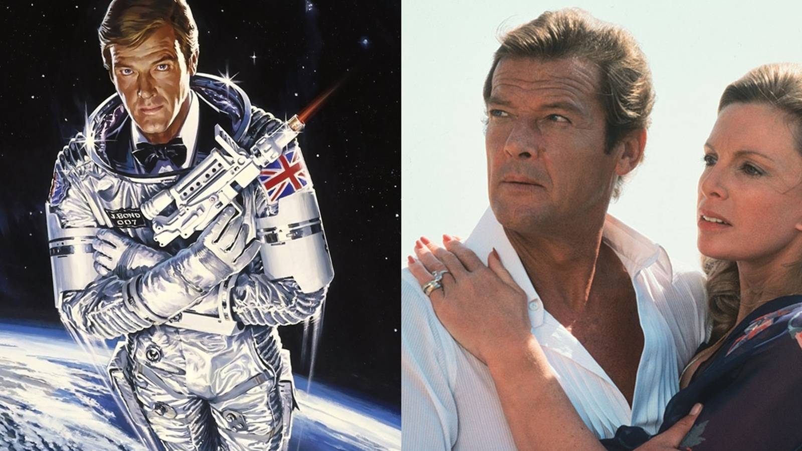The poster for Moonraker and a screenshot of 007 and Melina in For Your Eyes Only