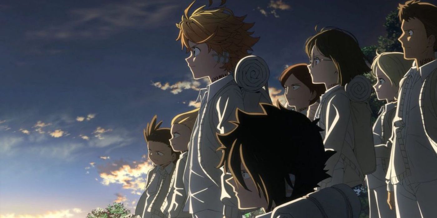 The Promised Neverland Emma Ray and orphans looking out at freedom