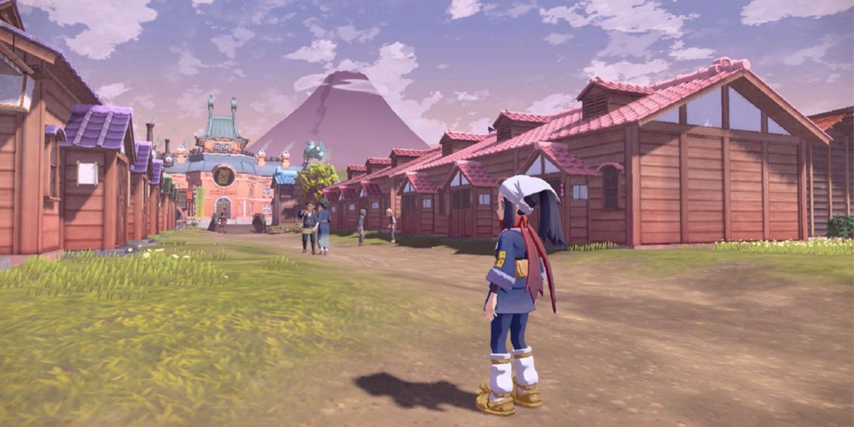 Pokemon Legends Arceus, персонаж игрока, смотрит на деревню Джубилиф