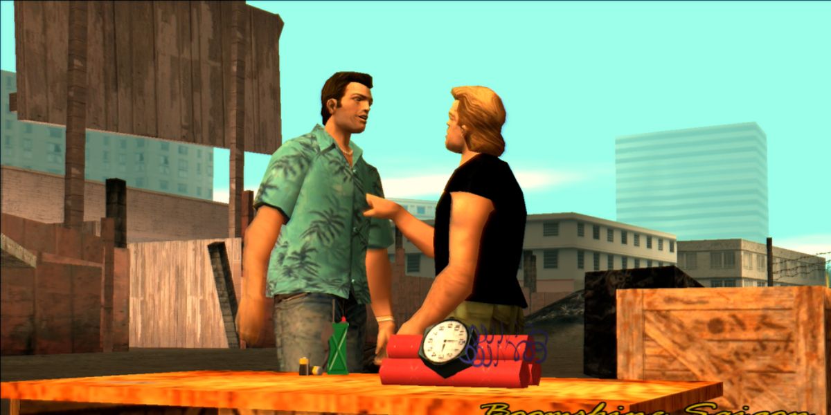 Tommy Vercetti, Phil Cassidy and a bomb in GTA Vice City