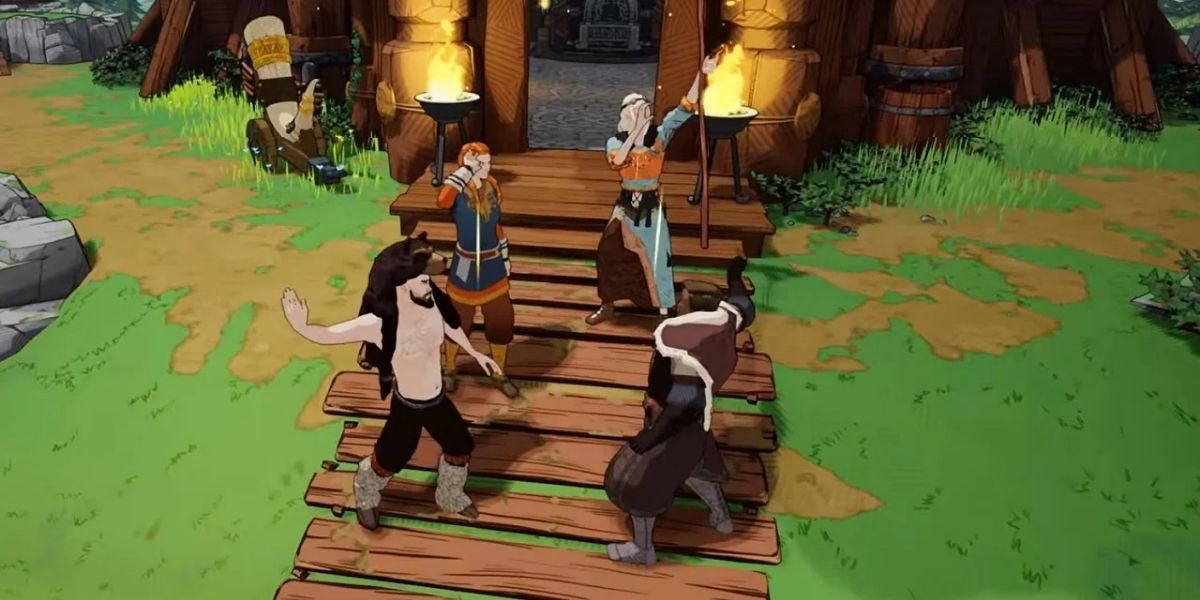 Tribes of Midgard players celebrating in village