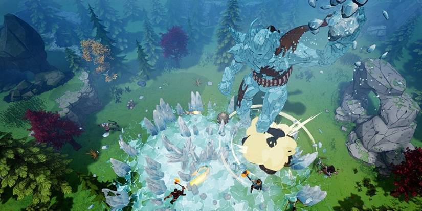 Tribes of Midgard players fighting an ice giant