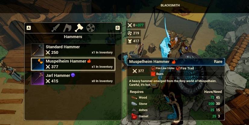 Tribes of Midgard Blacksmith weapons screen