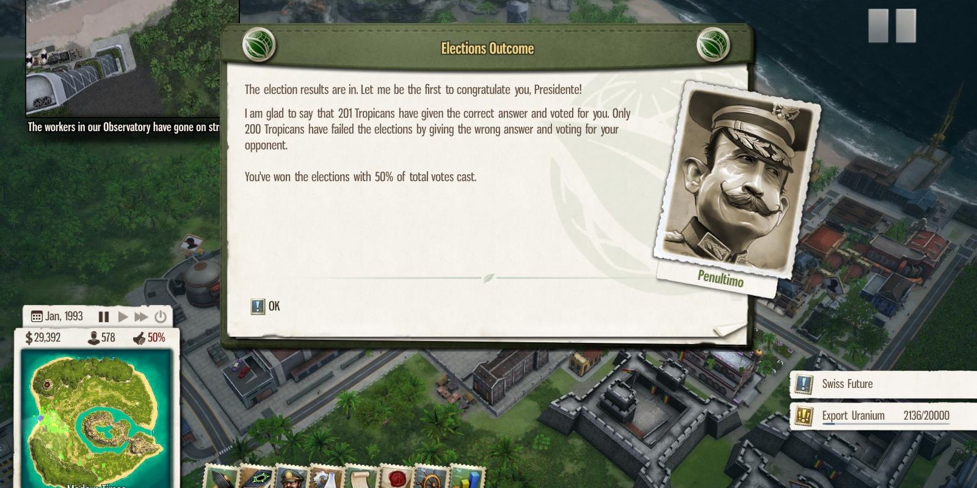Tropico 6 Elections Outcome Shows That Players' "El Presidente" Has Won The Election