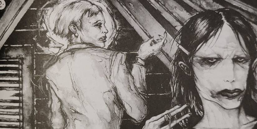 Two uneasy wraith companions with their backs to one another in Wraith: The Oblivion tabletop