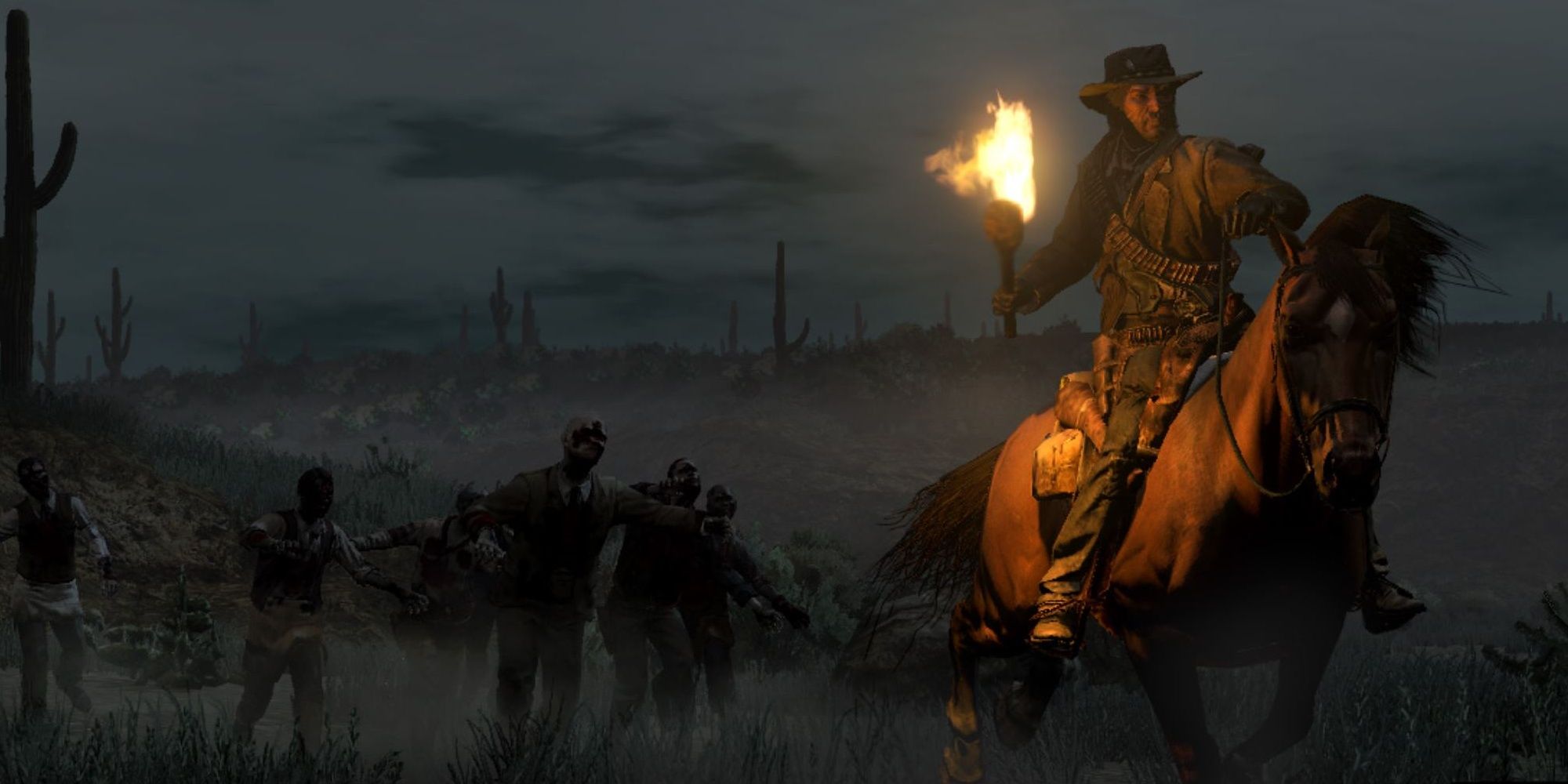 RDR: Undead nightmare, John riding away from zombies with a torch