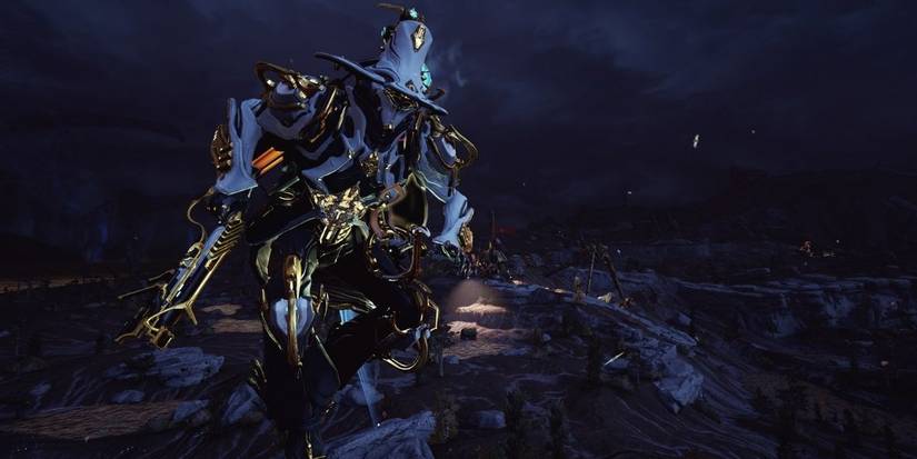 Warframe Limbo jumping high above planet