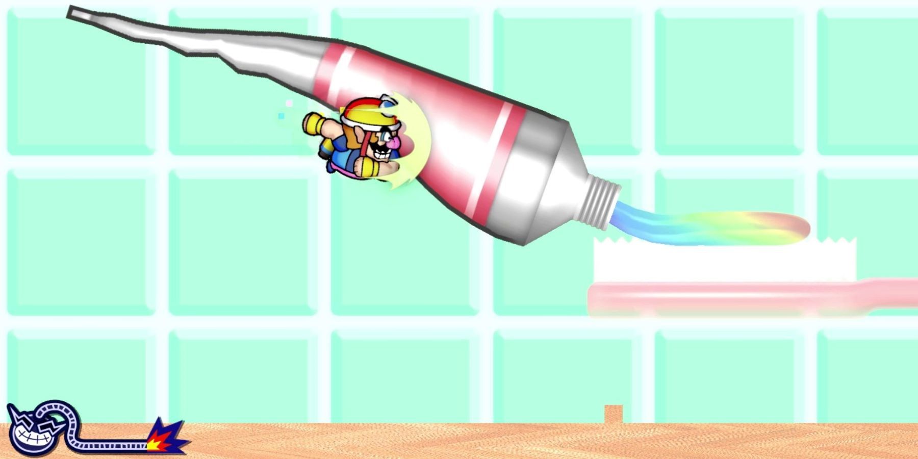 Wario squeezing toothpaste in a WarioWare: Get it Together! minigame