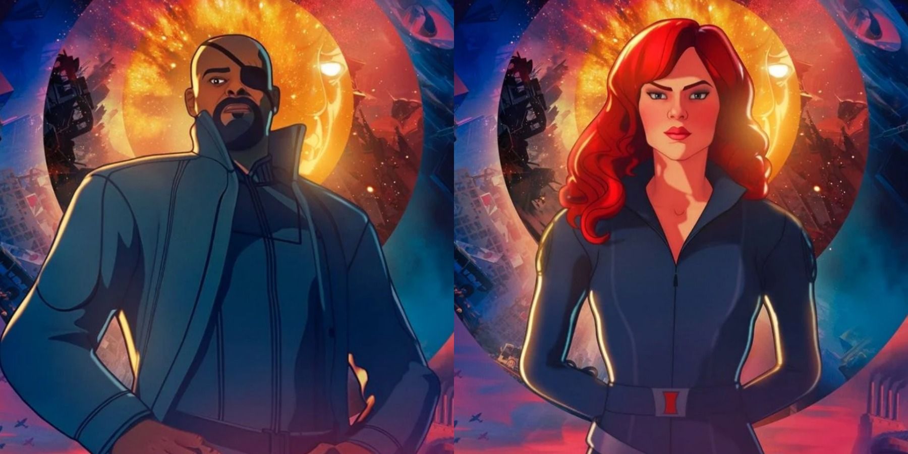 Разделенное изображение изображает Ника Фьюри и Наташу Романофф на плакатах к фильму «Что, если» от Marvel. эпизод 3