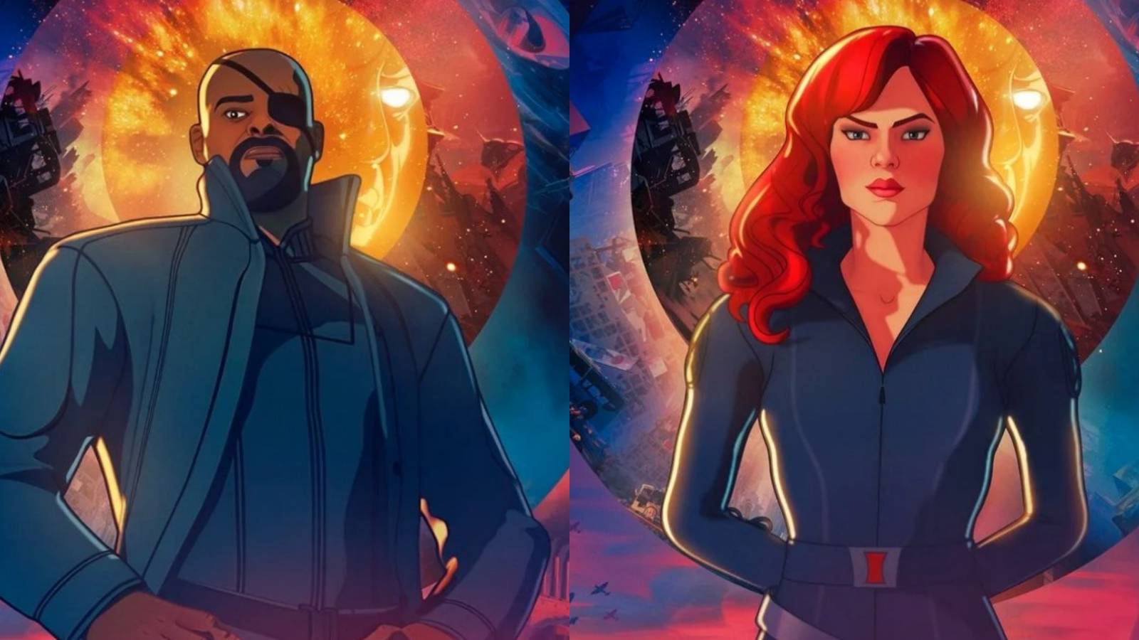 A split image depicts Nick Fury and Natasha Romanoff in posters for Marvel's What If...? episode 3
