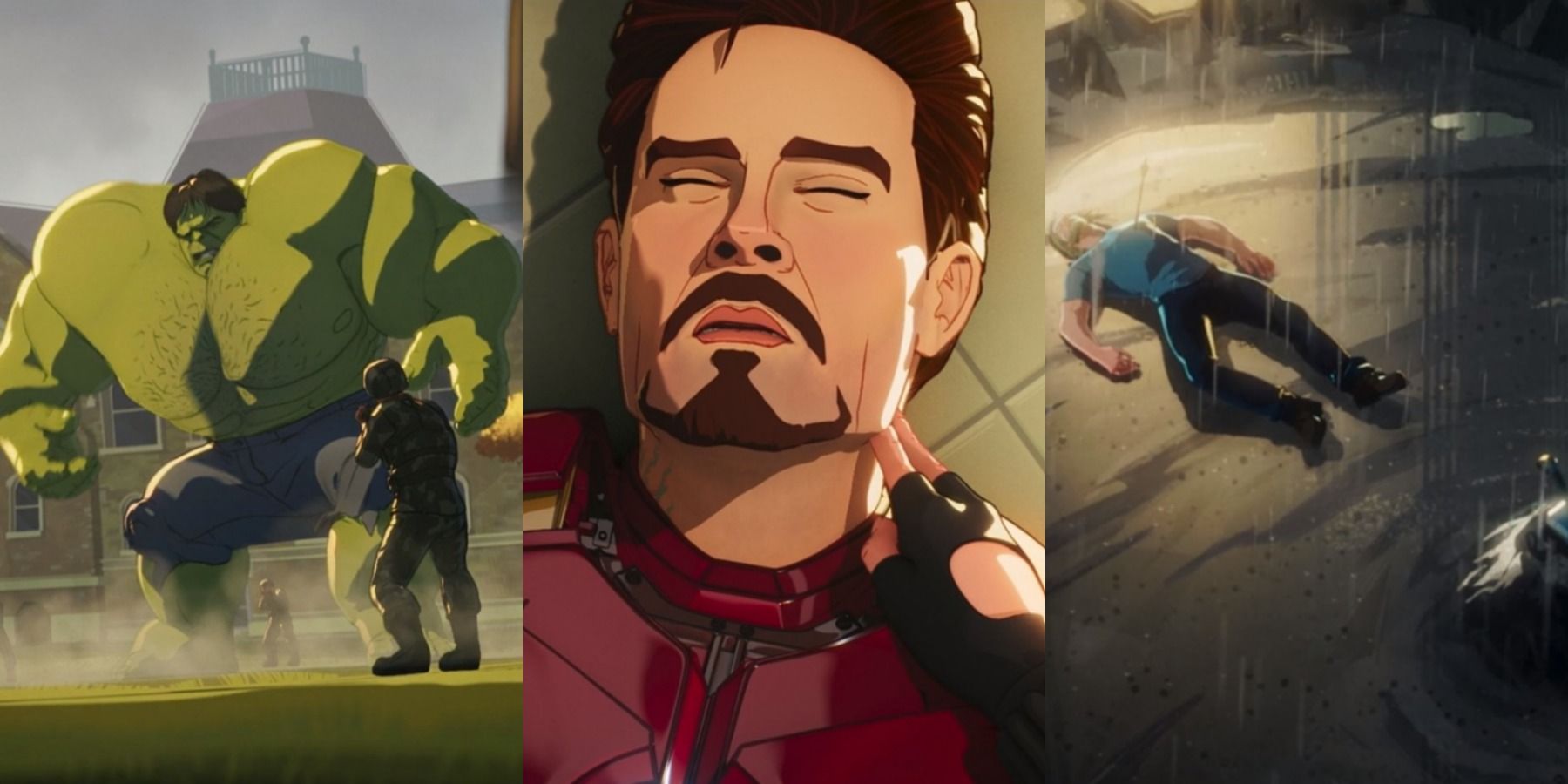 Разделенное изображение изображает Халка, Железного Человека и Тора в их альтернативных судьбах из первого фильма в «Что, если Эпизод 3».