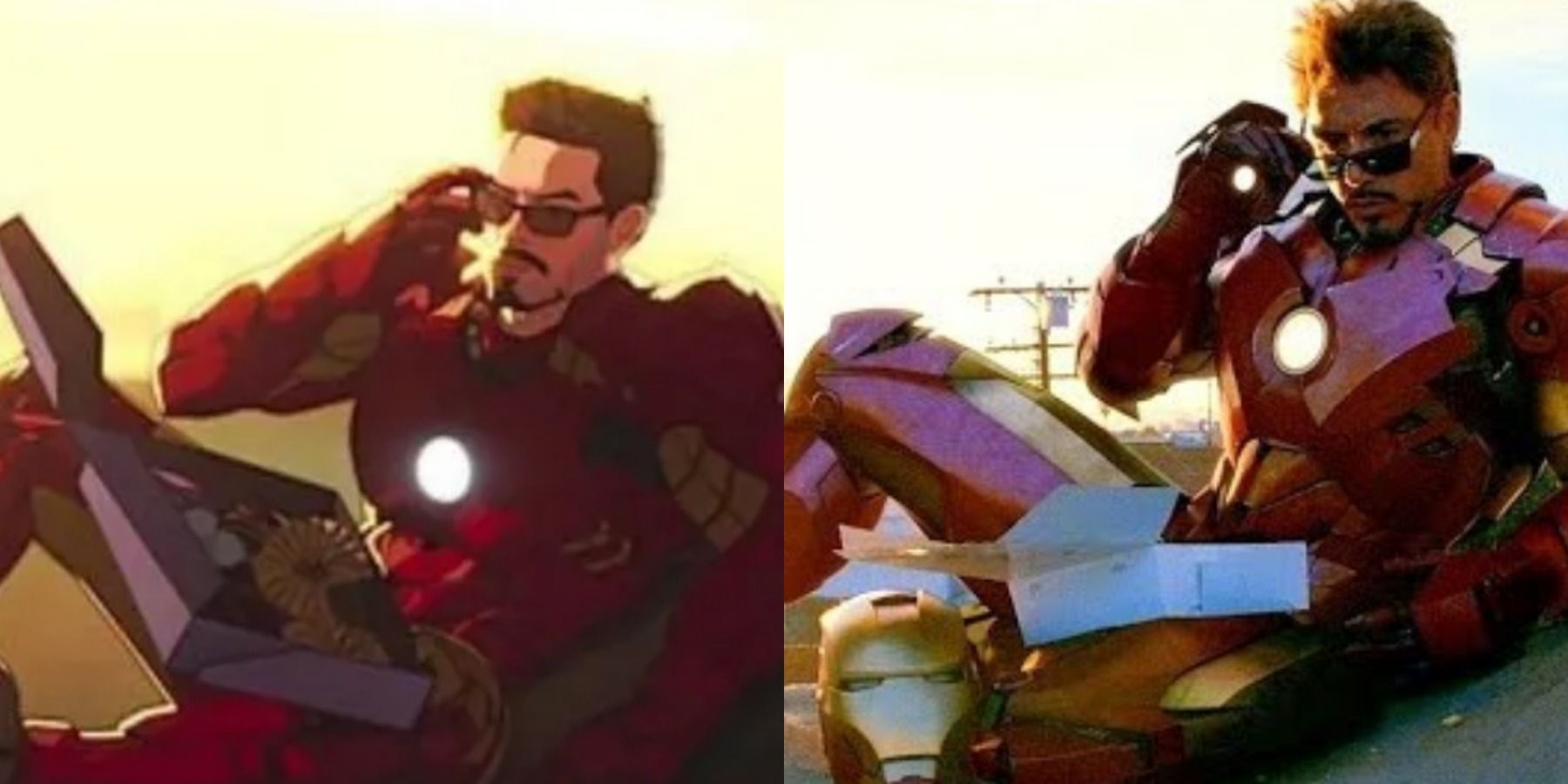 Разделенное изображение изображает Тони Старка в третьем эпизоде ​​«Что, если» и Железного человека 2 в печально известной сцене с пончиком.