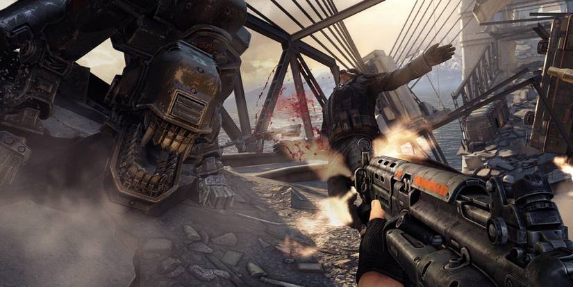 The player battling a mech in Wolfenstein New Order