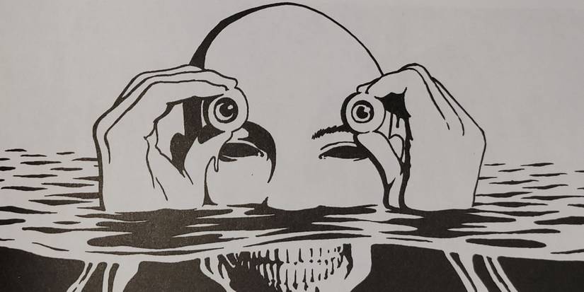 A wraith holdings its eyes and using an Arcanos to see in Wraith: The Oblivion tabletop