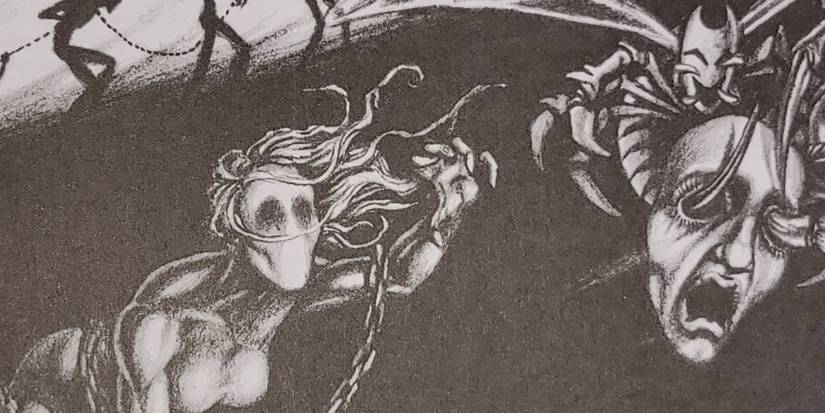 A wraith with her face stolen by winged Shadowland monsters in Wraith: The Oblivion tabletop