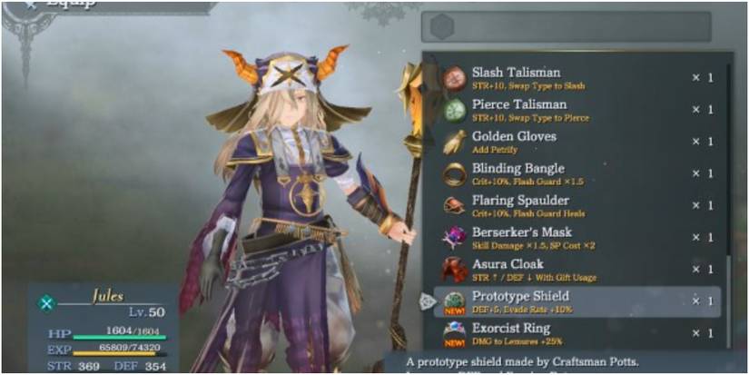 Jules' crafted prototype shield in the equipment screen