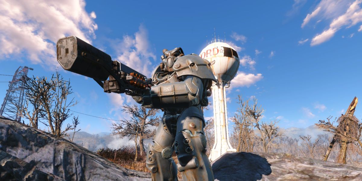 a charater in power armor standing on rocks in Fallout 4