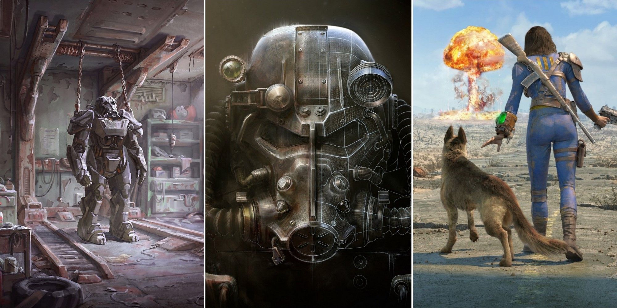 a power armor station, power armor helmet, Dogmeat, and the Sole Survivor in Fallout 4