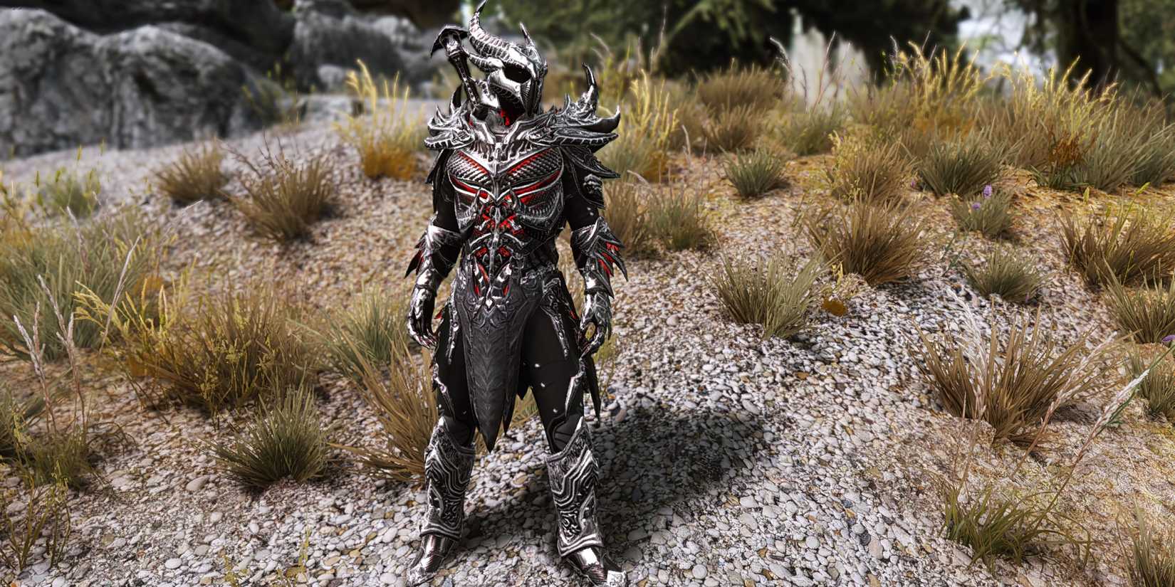 a warrrior in full Daedric armor in Skyrim