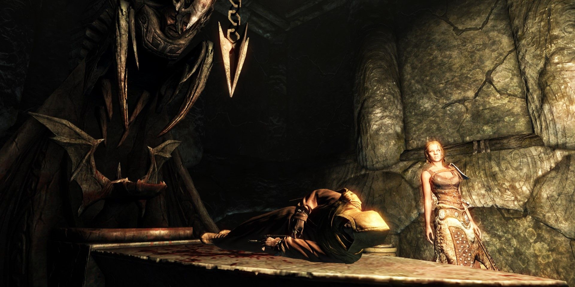 a woman and a corpse in Skyrim