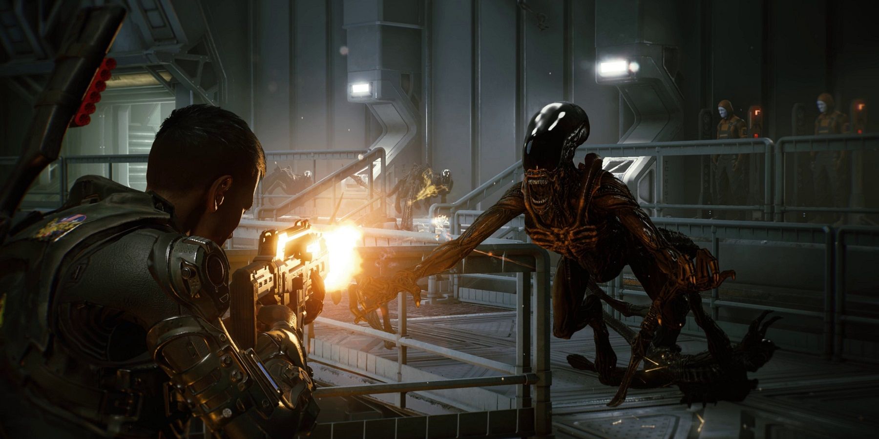 Screenshot from Aliens: Fireteam Elite showing a Xenomorph about to attack a marine.