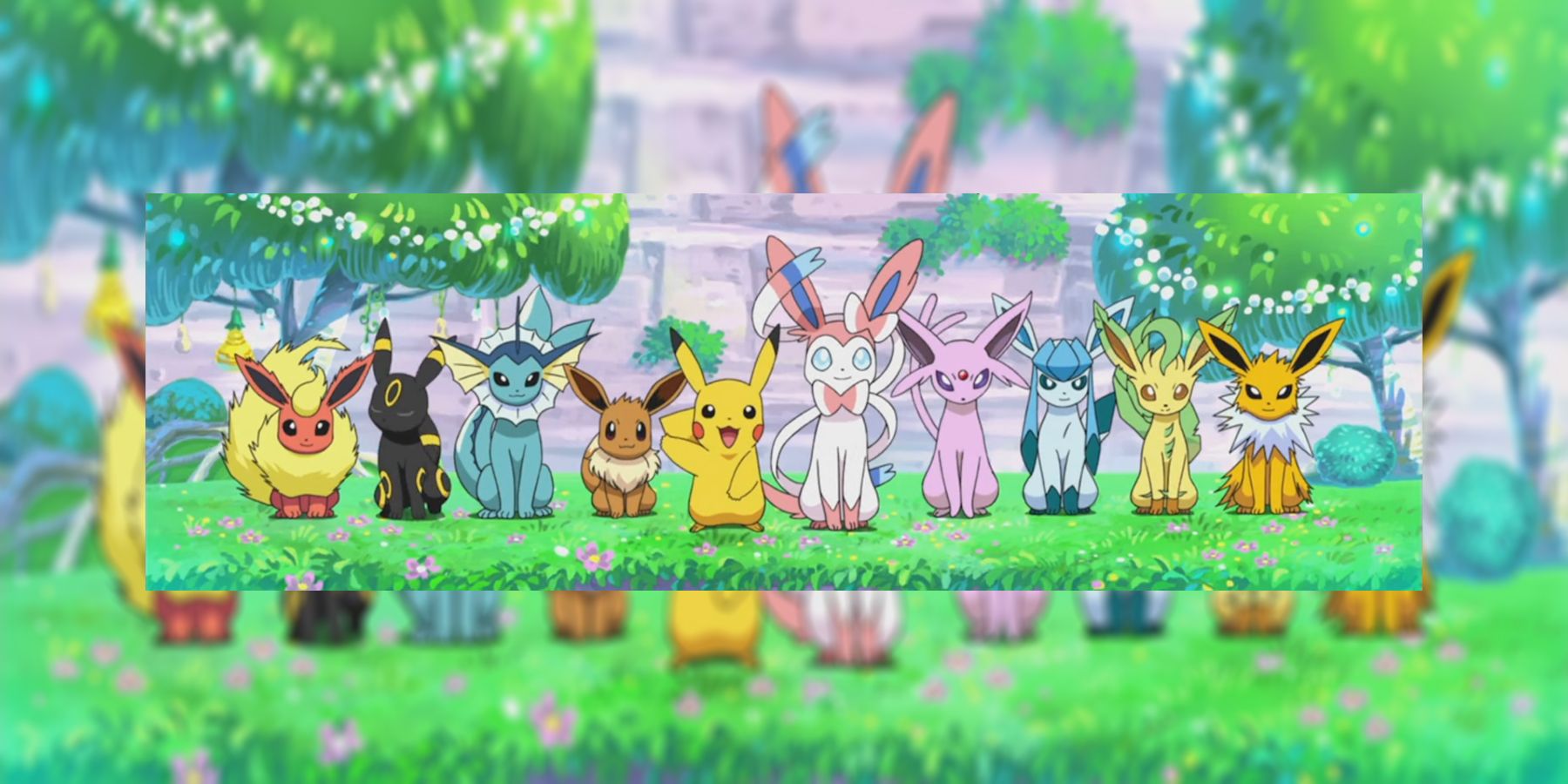All of the Eeveelutions as of Pokemon Sword and Shield lined up with Eevee and Pikachu as well. From left to right: Flareon, Umbreon, Vaporeon, Eevee, Pikachu, Sylveon, Espeon, Glaceon, Leafeon, and Jolteon.