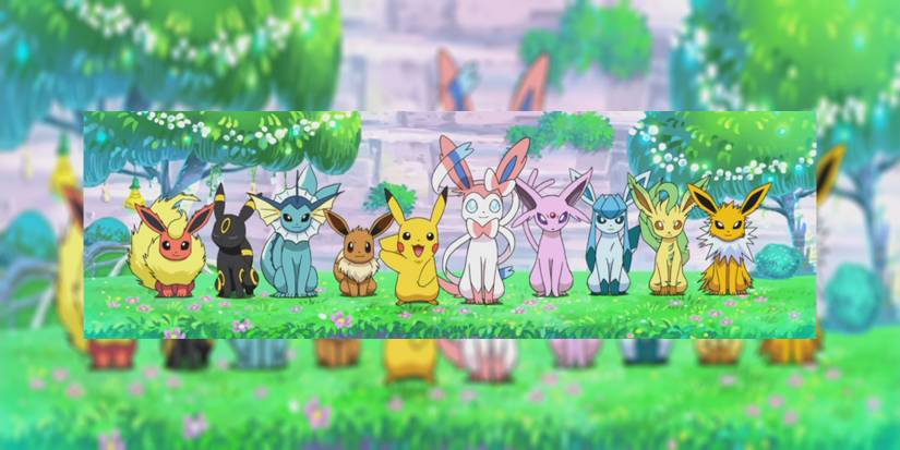 All of the Eeveelutions as of Pokemon Sword and Shield lined up with Eevee and Pikachu as well. From left to right: Flareon, Umbreon, Vaporeon, Eevee, Pikachu, Sylveon, Espeon, Glaceon, Leafeon, and Jolteon.