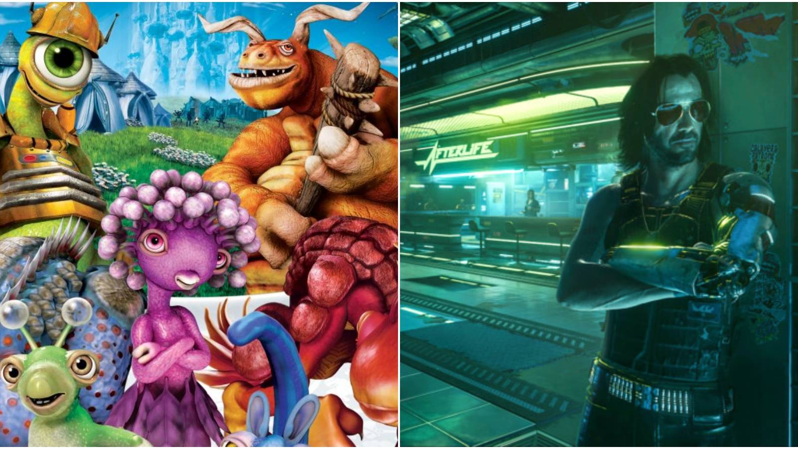 (Left) Creatures from Spore (Right) Johnny Silverhand from Cyberpunk 2077