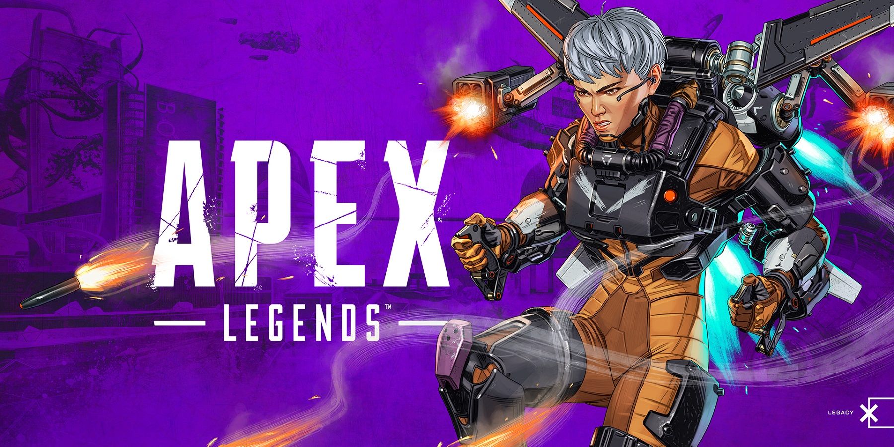 One of Apex Legends' hero characters flying and firing missiles.