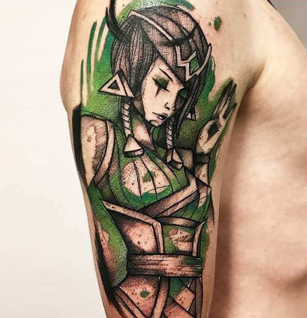 Orianna tattoo league of legends green and black arm tattoo