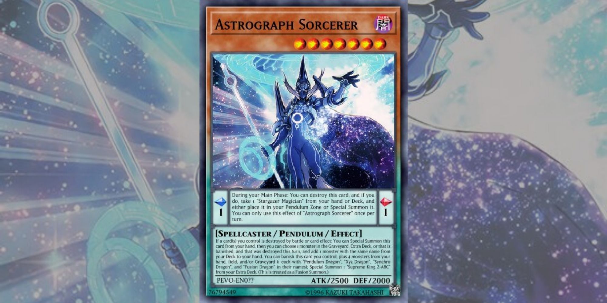 Yu-Gi-Oh! Card Astrograph Sorcerer against background made from card art.