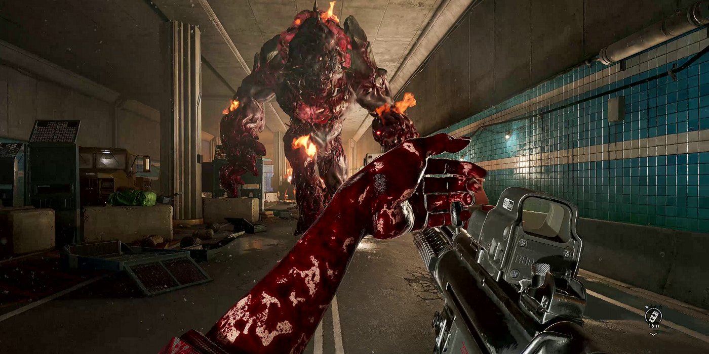 Скриншот из Back 4 Blood, показывающий, как Огр приближается к персонажу игрока.