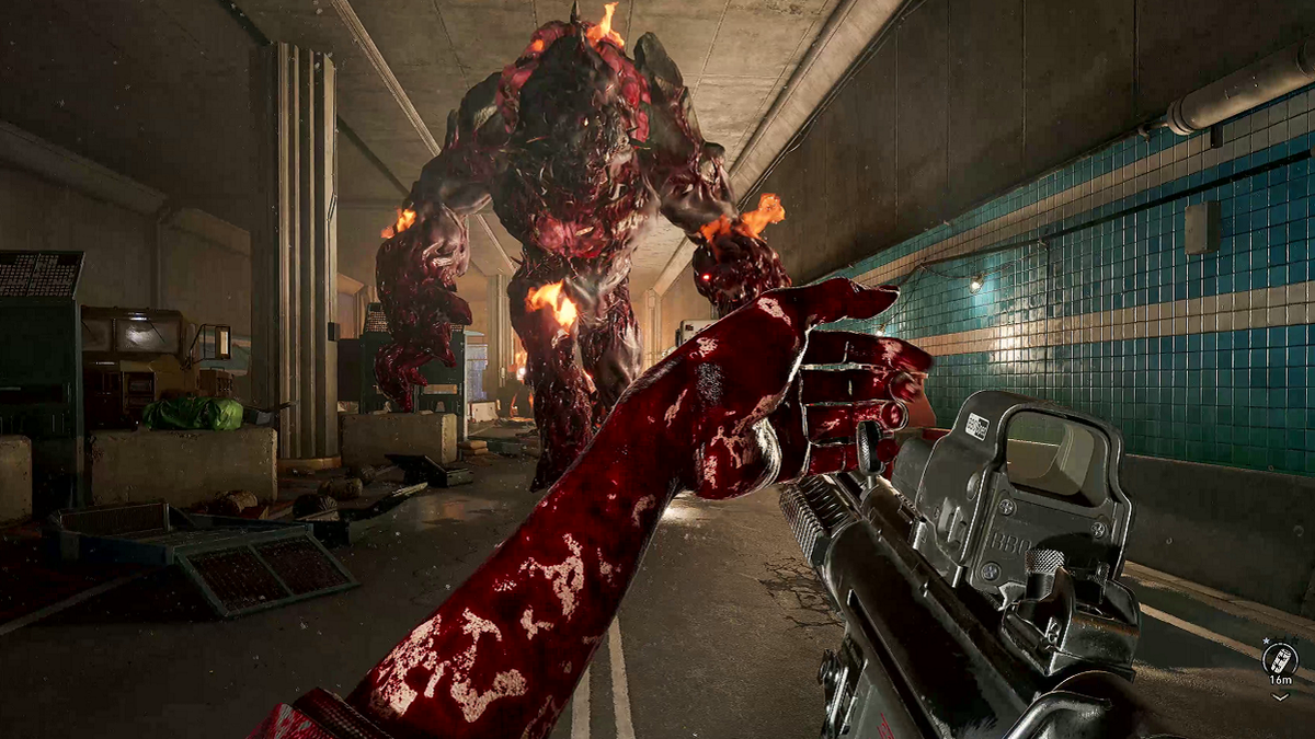 Screenshot from Back 4 Blood showing an Ogre approaching the player character.