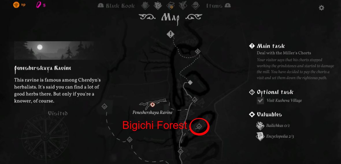 red text and circle showing the forested location on the map in the prologue.