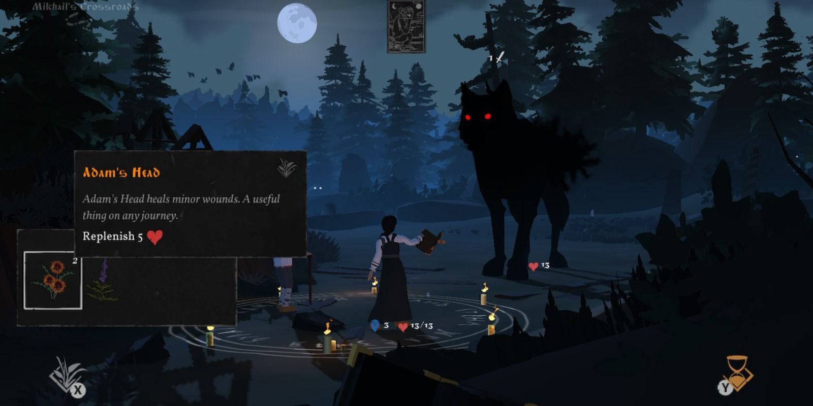 player fighting a wolf-like demon in the tutorial and about to use a herb.