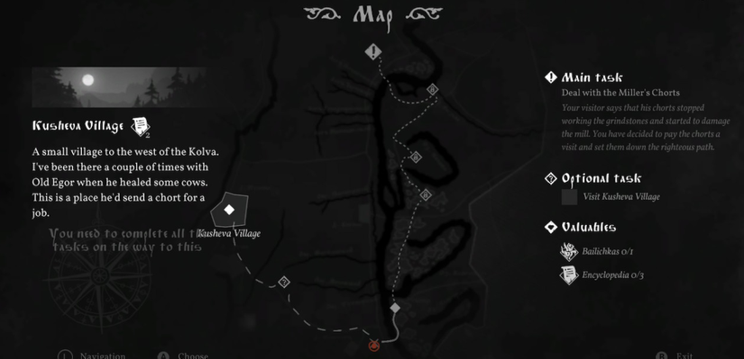 map showing kusheva village to the northwest as well as a description of the area.