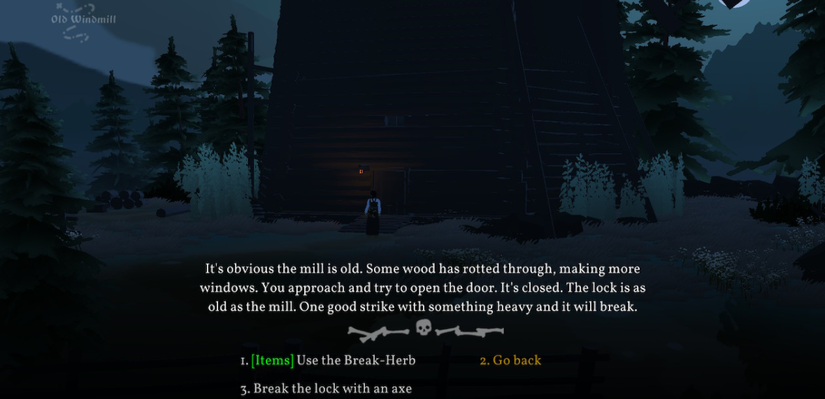 player examining the locked door of the windmill.