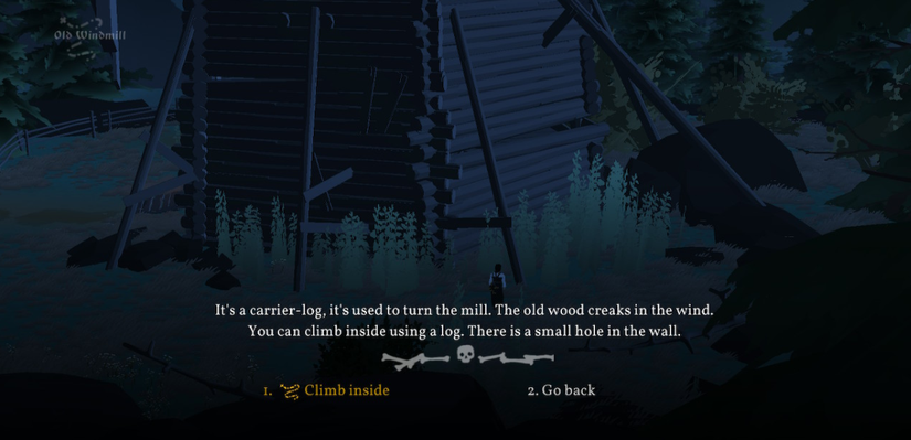 the back way into the windmill by climbing through a gap.